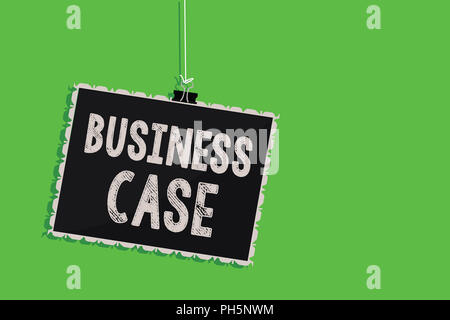 Text sign showing Business Case. Conceptual photo Proposition Undertaking Verbal Presentation New Task Hanging blackboard message communication inform Stock Photo