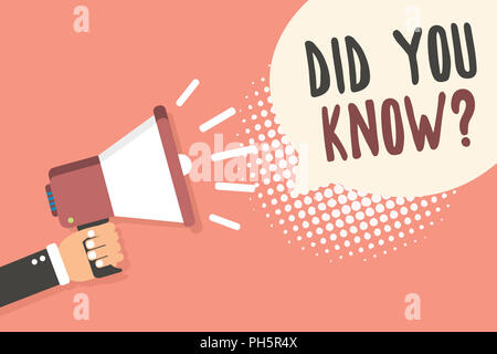 Conceptual hand writing showing Did You Know question. Business photo showcasing Fun Facts and Figures Information General Knowledge Man holding megap Stock Photo