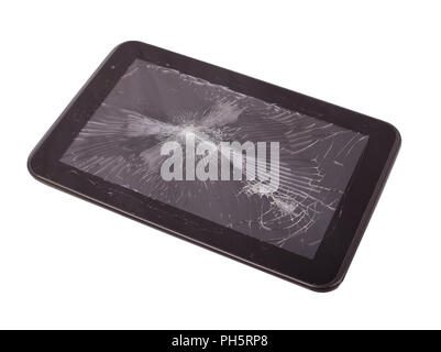 Tablet pc with broken screen.  Cracked tablet - glasbruch, isolated. Stock Photo