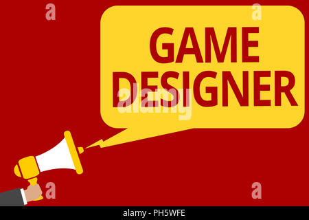 Handwriting text writing Game Designer. Concept meaning Campaigner Pixel Scripting Programmers Consoles 3D Graphics Man holding megaphone loudspeaker  Stock Photo