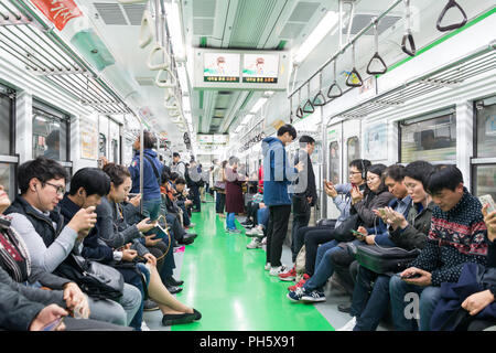 Inside view of Metropolitan Subway in Seoul, one of the most heavily used underground system in the world at Seoul, South K Stock Photo