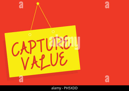 Handwriting text writing Capture Value. Concept meaning Customer Relationship Satisfy Needs Brand Strength Retention Yellow board wall message communi Stock Photo