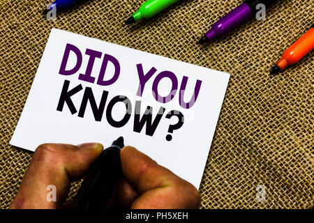 Writing note showing Did You Know question. Business photo showcasing Fun Facts and Figures Information General Knowledge Man hand holding marker whit Stock Photo