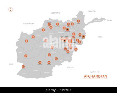 Stylized vector Afghanistan map showing big cities, capital Kabul, administrative divisions. Stock Vector
