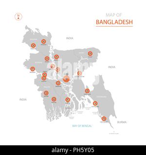 Stylized vector Bangladesh map showing big cities, capital Dhaka, administrative divisions. Stock Vector