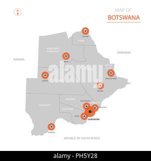 Stylized vector Botswana map showing big cities, capital Gaborone, administrative divisions and country borders Stock Vector