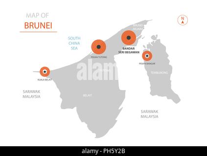 Stylized vector Brunei map showing big cities, capital Bandar Seri Begawan, administrative divisions and country borders. Stock Vector