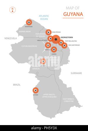 Stylized vector Guyana map showing big cities, capital Georgetown, administrative divisions and country borders Stock Vector