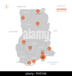 Stylized vector Ghana map showing big cities, capital Accra, administrative divisions and country borders Stock Vector