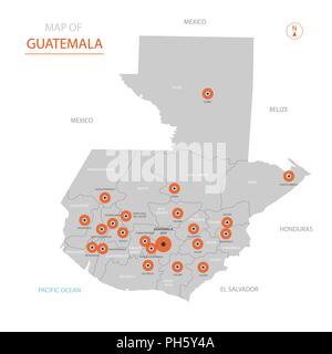 Stylized vector Guatemala map showing big cities, capital Guatemala City, administrative divisions and country borders Stock Vector