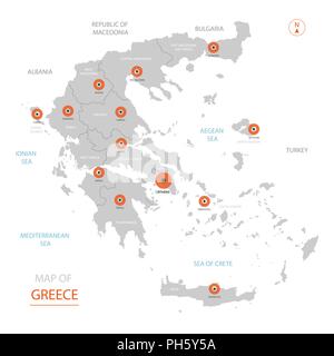 Stylized vector Greece map showing big cities, capital Athens, administrative divisions and country borders Stock Vector