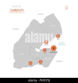 Stylized vector Djibouti map showing big cities, capital Djibouti, administrative divisions and country borders Stock Vector