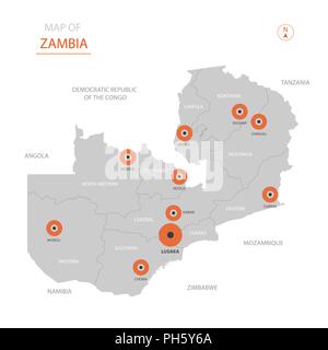 Stylized vector Zambia map showing big cities, capital Lusaka, administrative divisions and country borders Stock Vector