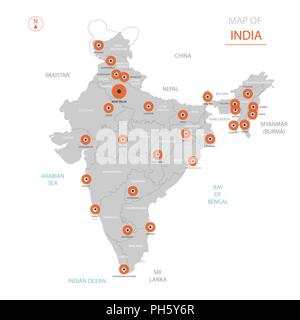 Stylized vector India map showing big cities, capital New Delhi, administrative divisions and country borders Stock Vector