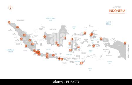Stylized vector Indonesia map showing big cities, capital Jakarta, administrative divisions. Stock Vector