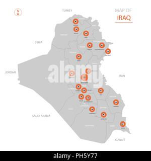 Stylized vector Iraq map showing big cities, capital Baghdad, administrative divisions and country borders Stock Vector