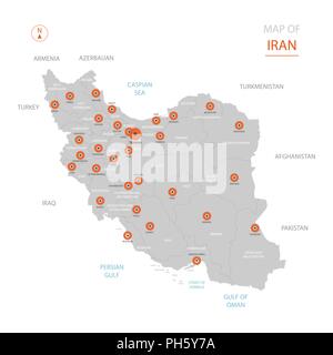 Stylized vector Iran map showing big cities, capital Tehran, administrative divisions. Stock Vector