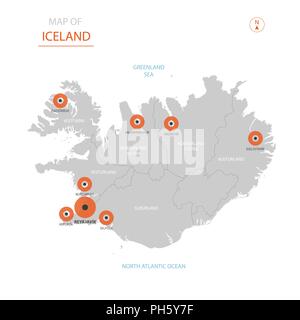 Stylized vector Iceland map showing big cities, capital Reykjavik, administrative divisions. Stock Vector