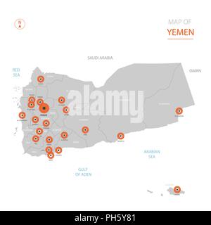 Stylized vector Yemen map showing big cities, capital Sanaa, administrative divisions. Stock Vector