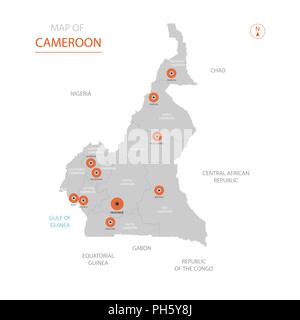 Stylized vector Cameroon map showing big cities, capital Yaoundé, administrative divisions. Stock Vector