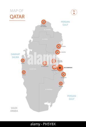 Stylized vector Qatar map showing big cities, capital Doha, administrative divisions. Stock Vector