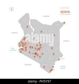 Stylized vector Kenya map showing big cities, capital Nairobi, administrative divisions. Stock Vector
