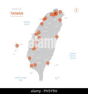 Stylized vector Taiwan map showing big cities, capital Taipei, administrative divisions. Stock Vector