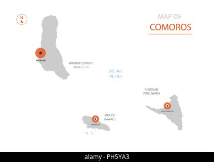 Stylized vector Comoros map showing big cities, capital Moroni, administrative divisions. Stock Vector