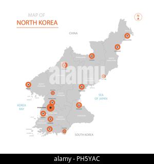 Stylized vector North Korea map showing big cities, capital Pyongyang, administrative divisions. Stock Vector