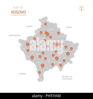 Stylized vector Kosovo map showing big cities, capital Pristina, administrative divisions. Stock Vector