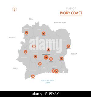 Stylized vector Ivory Coast ( Côte d'Ivoire) map showing big cities, capital Yamoussoukro, administrative divisions. Stock Vector