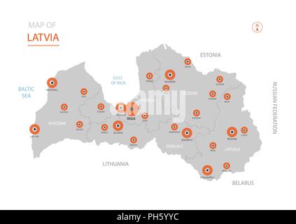 Stylized vector Latvia map showing big cities, capital Riga, administrative divisions. Stock Vector