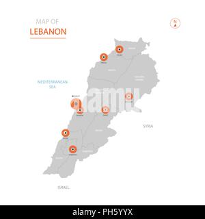 Stylized vector Lebanon map showing big cities, capital Beirut, administrative divisions. Stock Vector