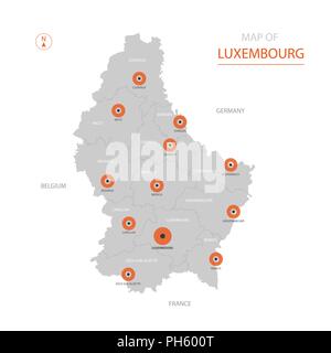 Stylized vector Luxembourg map showing big cities, capital Luxembourg, administrative divisions. Stock Vector