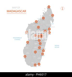 Stylized vector Madagascar map showing big cities, capital Antananarivo, administrative divisions. Stock Vector