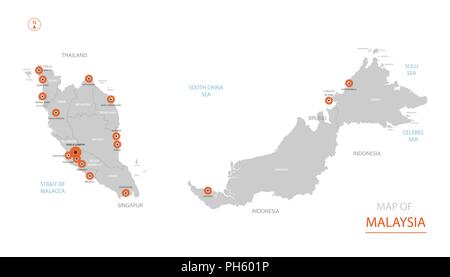 Stylized vector Malaysia map showing big cities, capital Kuala Lumpur, administrative divisions. Stock Vector