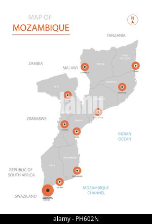 Stylized vector Mozambique map showing big cities, capital Maputo, administrative divisions. Stock Vector