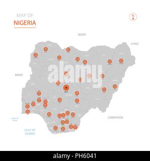 Stylized vector Nigeria map showing big cities, capital Abuja, administrative divisions. Stock Vector