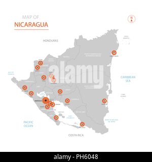 Stylized vector Nicaragua map showing big cities, capital Managua, administrative divisions. Stock Vector