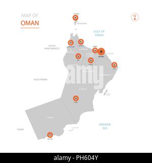 Stylized vector Oman map showing big cities, capital Muscat, administrative divisions. Stock Vector