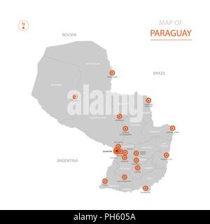 Stylized vector Paraguay map showing big cities, capital Asunción, administrative divisions. Stock Vector
