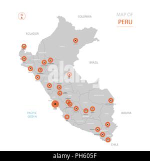 Stylized vector Peru map showing big cities, capital Lima, administrative divisions and country borders Stock Vector