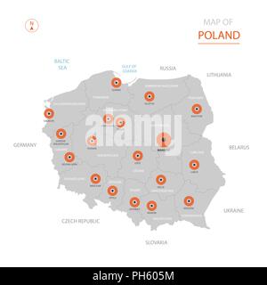 Stylized vector Poland map showing big cities, capital Warsaw, administrative divisions and country borders Stock Vector