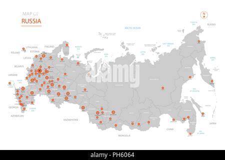 Stylized vector Russia map showing big cities, capital Moscow, administrative divisions. Stock Vector