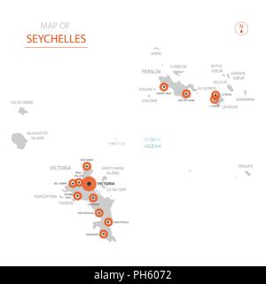 Stylized vector Seychelles map showing big cities, capital Victoria, administrative divisions. Stock Vector