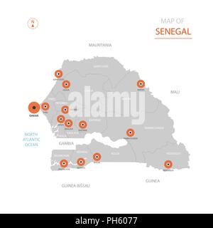 Stylized vector Senegal map showing big cities, capital Dakar, administrative divisions. Stock Vector