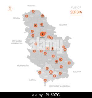 Stylized vector Serbia map showing big cities, capital Belgrade, administrative divisions. Stock Vector