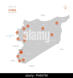 Stylized vector Syria map showing big cities, capital Damascus, administrative divisions. Stock Vector