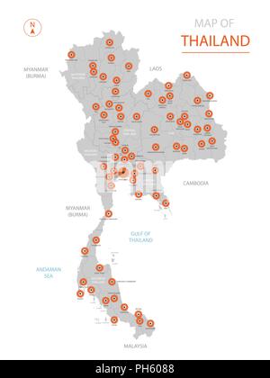 Stylized vector Thailand map showing big cities, capital Bangkok, administrative divisions. Stock Vector