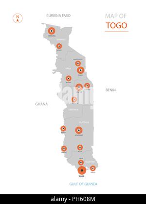 Stylized vector Togo map showing big cities, capital Lomé, administrative divisions. Stock Vector